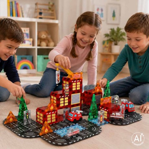Klocki magnetyczne konstrukcyjne 3D straż pożarna 2 samochody 92 elementy