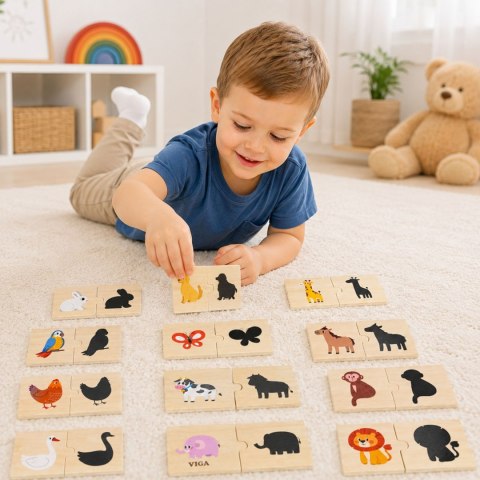  Zestaw Drewniane Puzzle Układanka Zwierzątka Dopasuj Cienie