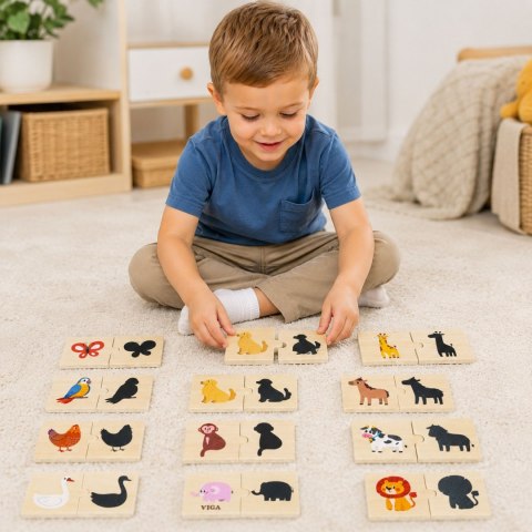  Zestaw Drewniane Puzzle Układanka Zwierzątka Dopasuj Cienie