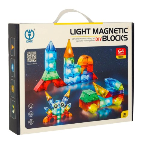 Klocki magnetyczne konstrukcyjne świecące elementy figury 3D 64 el.