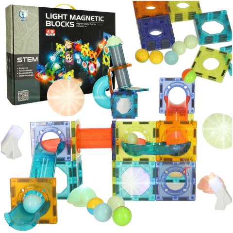 Klocki magnetyczne konstrukcyjne marble tor kulkowy świecący 49 elementów