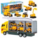 Transporter ciężarówka TIR wyrzutnia + metalowe auta maszyny budowlane