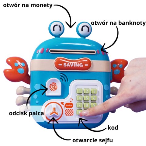  Elektroniczna Skarbonka Sejf Bankomat na Pin Kod Dostępu Krab Plecak Niebieski
