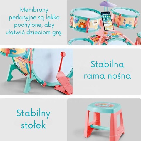  Perkusja Edukacyjna dla Dzieci 5 Bębnów 1 Talerz + Taboret z Motywem Zwierzątek
