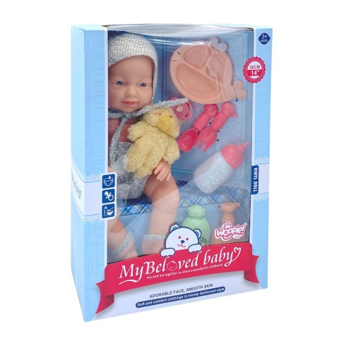  ROYAL Lalka Bobas 36 cm w Ubranku z Misiem Akcesoria do Karmienia