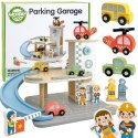  GREEN Drewniany Parking Piętrowy 2w1 Stacja Benzynowa z Autkami i Figurkami 12 el. FSC