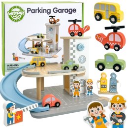  GREEN Drewniany Parking Piętrowy 2w1 Stacja Benzynowa z Autkami i Figurkami 12 el. FSC