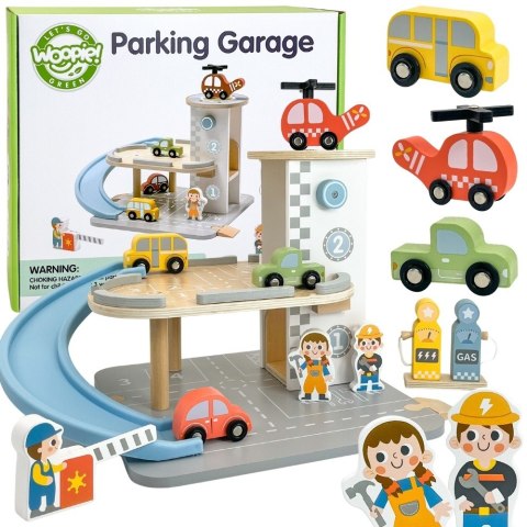  GREEN Drewniany Parking Piętrowy 2w1 Stacja Benzynowa z Autkami i Figurkami 12 el. FSC