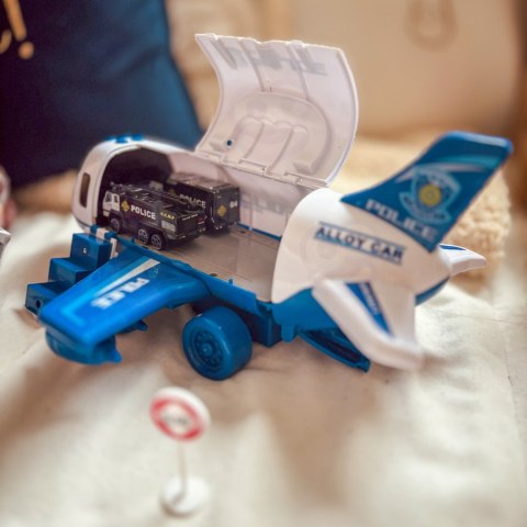  Samolot Rozkładany Transporter Policja z 3 Autami Policyjnymi Zestaw XL Znaki Drogowe