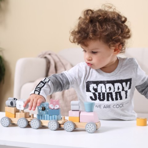  PolarB Drewniana Kolejka z Wagonikami i Zwierzątkami Do Układania Montessori