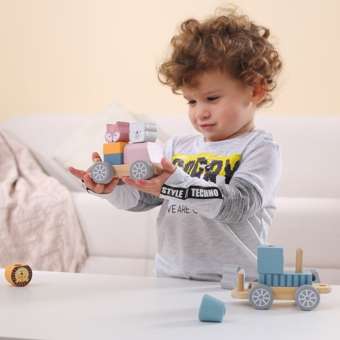  PolarB Drewniana Kolejka z Wagonikami i Zwierzątkami Do Układania Montessori