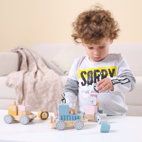  PolarB Drewniana Kolejka z Wagonikami i Zwierzątkami Do Układania Montessori