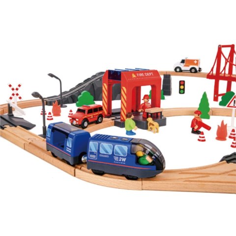 Tooky Toy Drewniana Kolejka Elektryczna Straż Pożarna Efekty Dźwiękowe 70 el. FSC
