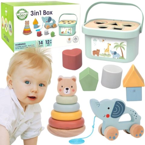  GREEN Pudełko Sorter Box 3w1 Klocki Piramidka Słonik FSC