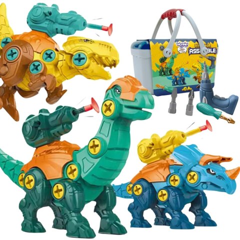  Zestaw Dinozaury do Skręcania 3 szt. Zestaw Konstrukcyjny w Pudełku + Wiertarka i Śrubokręt
