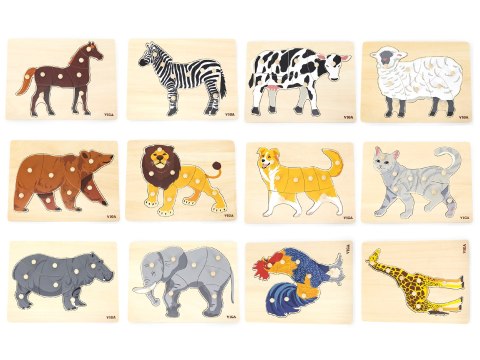  Zestaw Puzzle Drewniane 12 Układanek Zwierzątka Montessori + Stojak