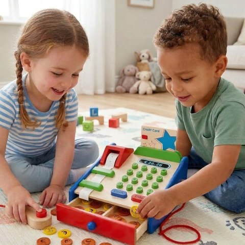  Drewniana Kasa sklepowa z akcesoriami Skaner Montessori