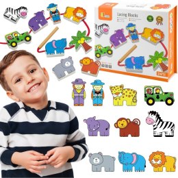  Drewniana Nawlekanka Przeplatanka Klocki Safari ZOO Montessori