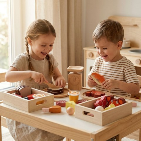  Drewniany Zestaw Artykułów Spożywczych w Skrzynkach Śniadanie Ryby Mięso Nabiał
