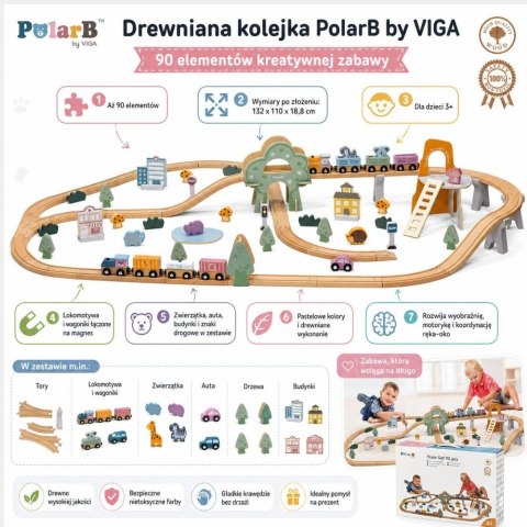  PolarB Drewniana kolejka dla dzieci Pociąg Tor 90 elementów