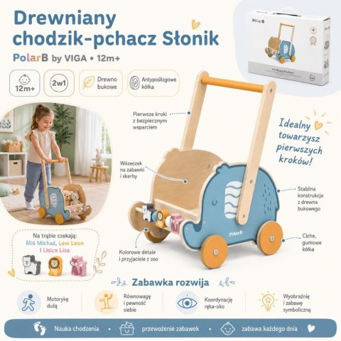  PolarB Drewniany Wózek 2w1 Chodzik Pchacz Słonik