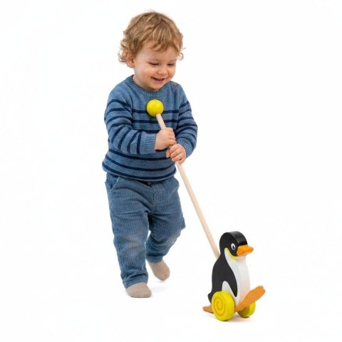  TOYS Drewniany Pchacz Pingwin Zabawka na Kiju do Pchania na Roczek