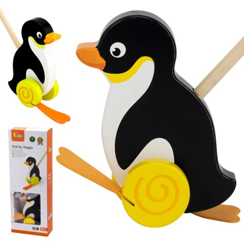  TOYS Drewniany Pchacz Pingwin Zabawka na Kiju do Pchania na Roczek