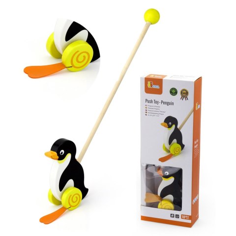  TOYS Drewniany Pchacz Pingwin Zabawka na Kiju do Pchania na Roczek