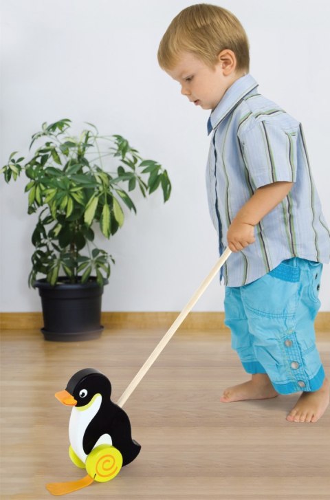  TOYS Drewniany Pchacz Pingwin Zabawka na Kiju do Pchania na Roczek