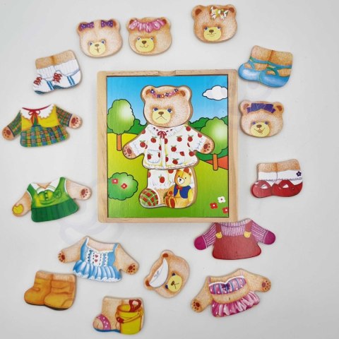  Drewniana Układanka Logiczna Puzzle Ubierz Misia Dziewczynkę