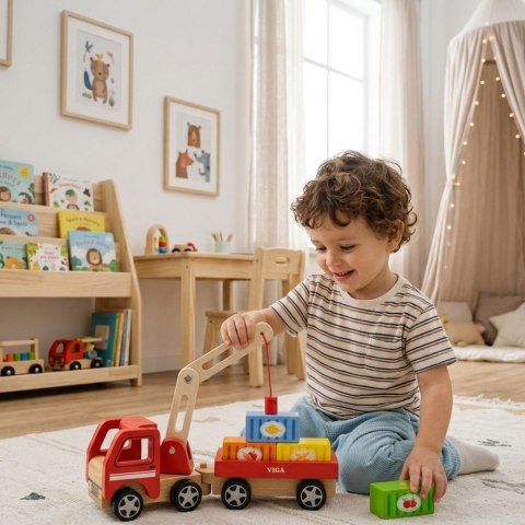  Drewniany Dźwig Samochód Ciężarówka z Kontenerami Magnes Montessori 18 m+