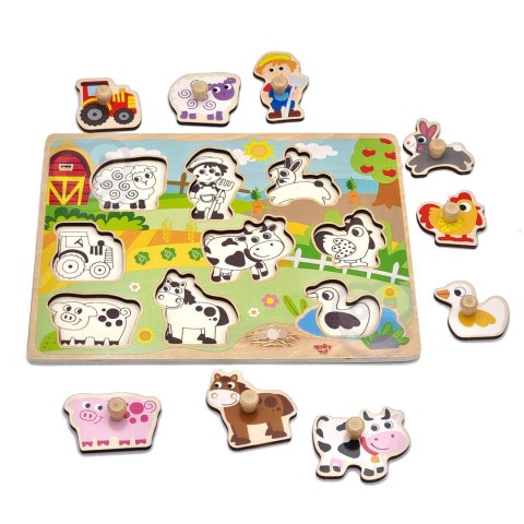  GREEN Drewniane Puzzle Montessori Farma z Pinezkami Do Dopasowania