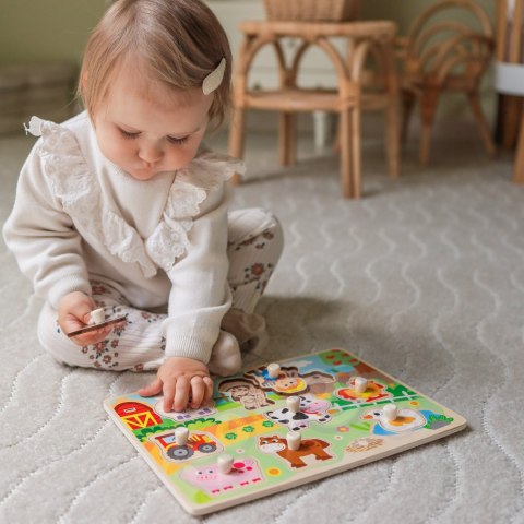  GREEN Drewniane Puzzle Montessori Farma z Pinezkami Do Dopasowania