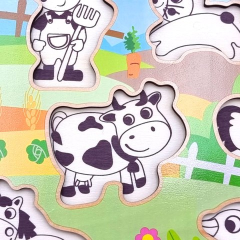  GREEN Drewniane Puzzle Montessori Farma z Pinezkami Do Dopasowania